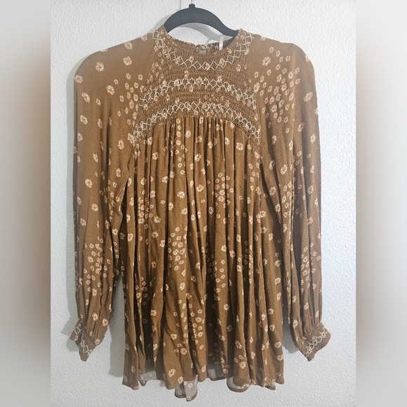 Free People Top XS Brown Flowers In Her Hair Boho Tunic - Picture 10 of 11